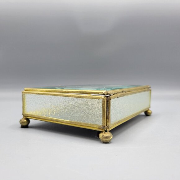 Vintage Flambro Glass Jewelry Box Etched Butterfly Design Brass Frame Taiwan - Picture 12 of 16